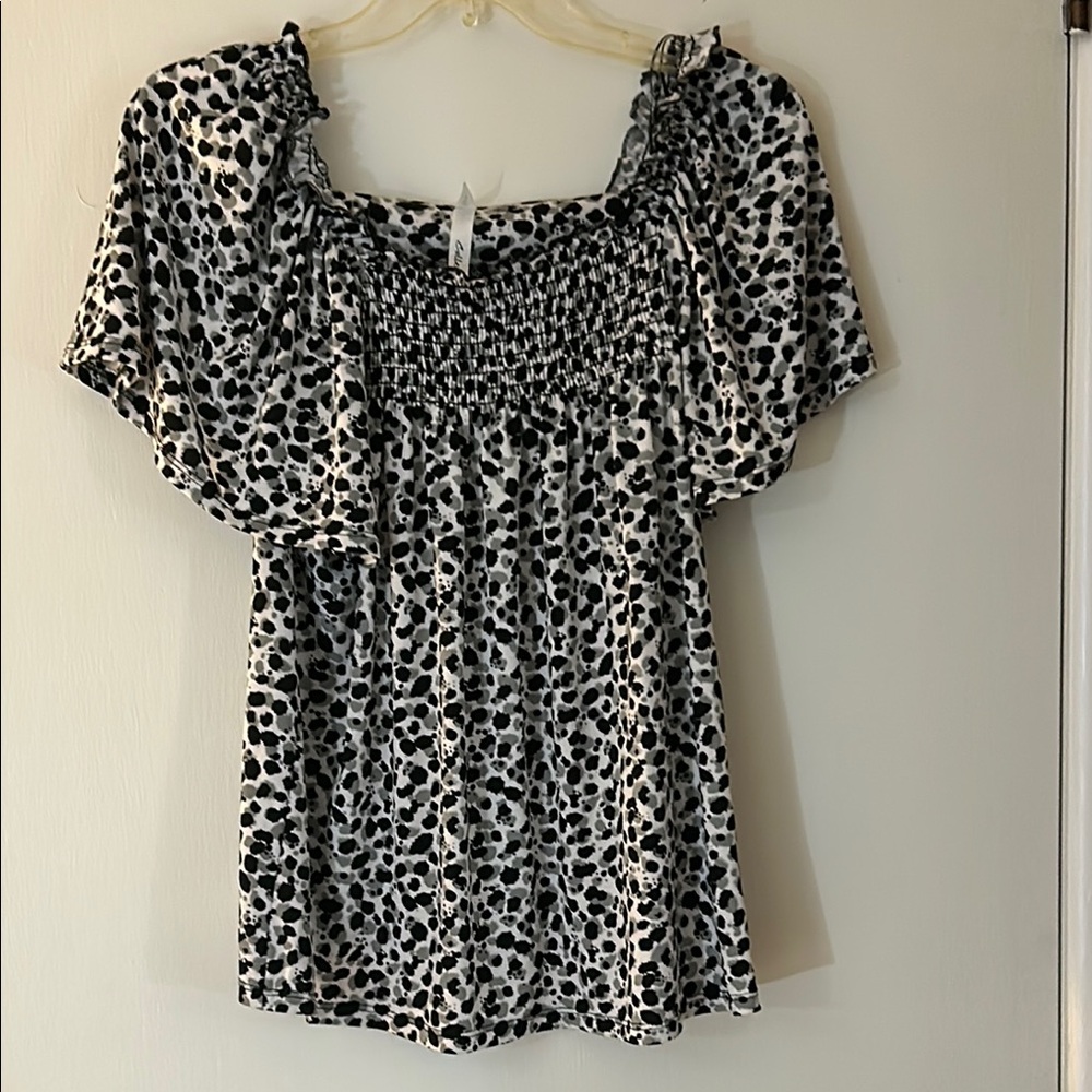 Black and White Smocked Flutter Sleeve Blouse